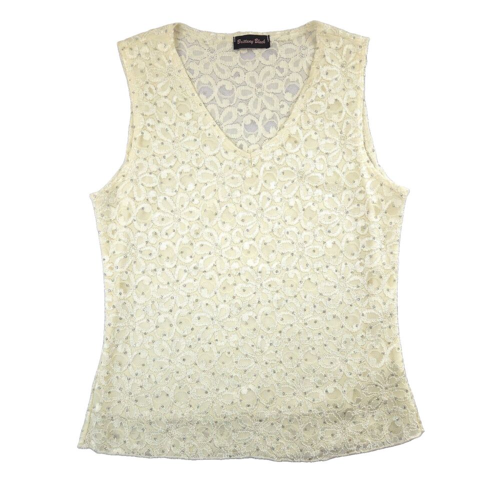 VTG Y2K Semi Sheer Floral Lace Glitter Top M Ivory Fairy Whimsy Coquette